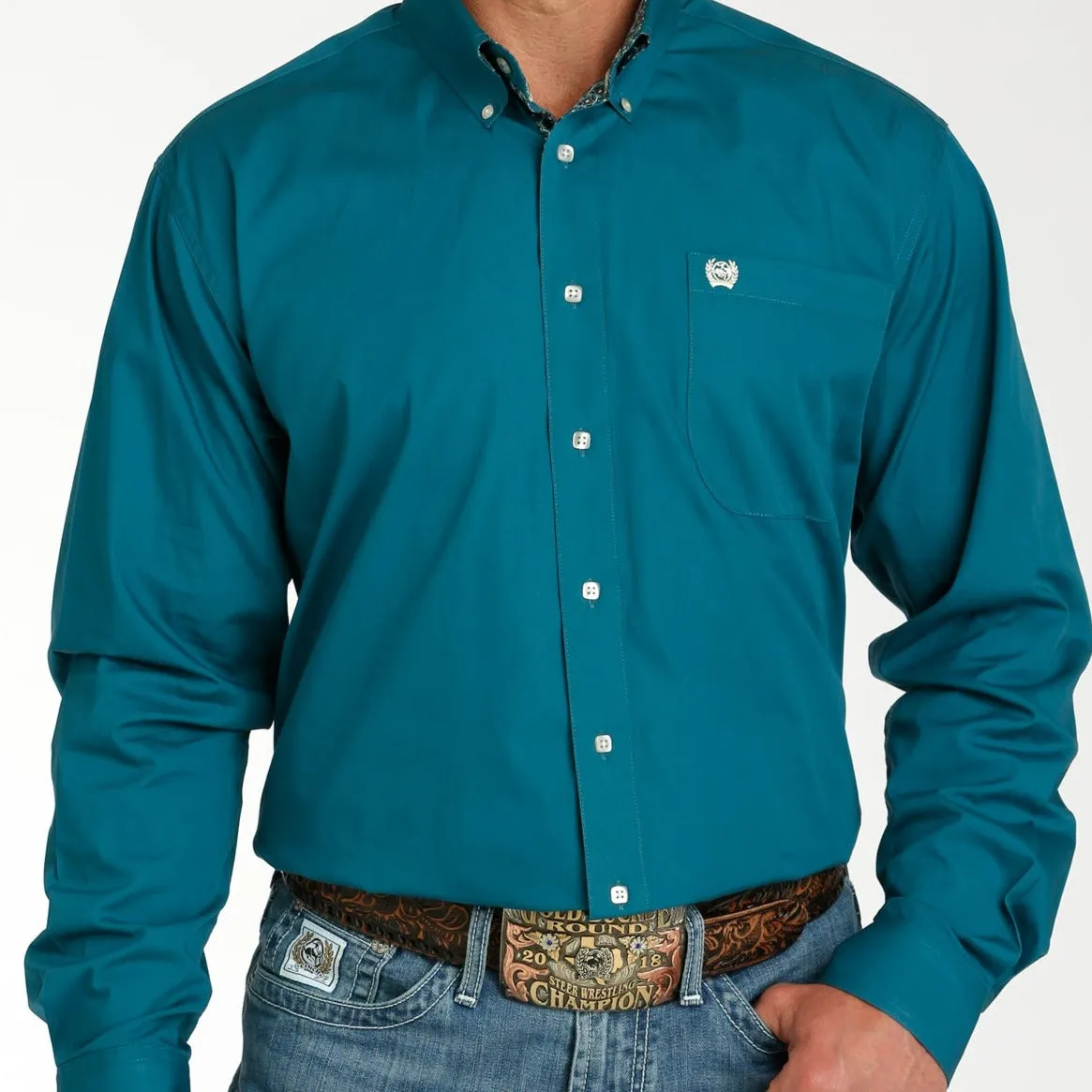 Cinch Men's L/S Classic Fit Solid Western Button Down Shirt in Teal Sustainable Packaging Recycled Polyester Blend
