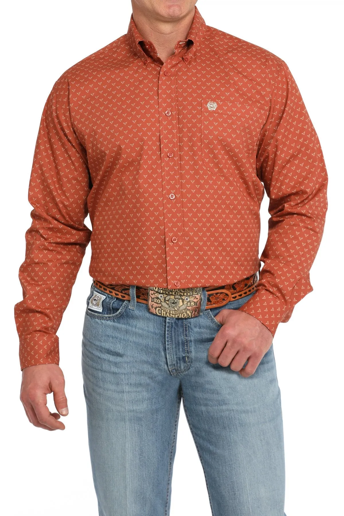 Prom Regular fit normality Cinch Men's L/S Classic Fit Steer Print Western Button Down Shirt in Orange
