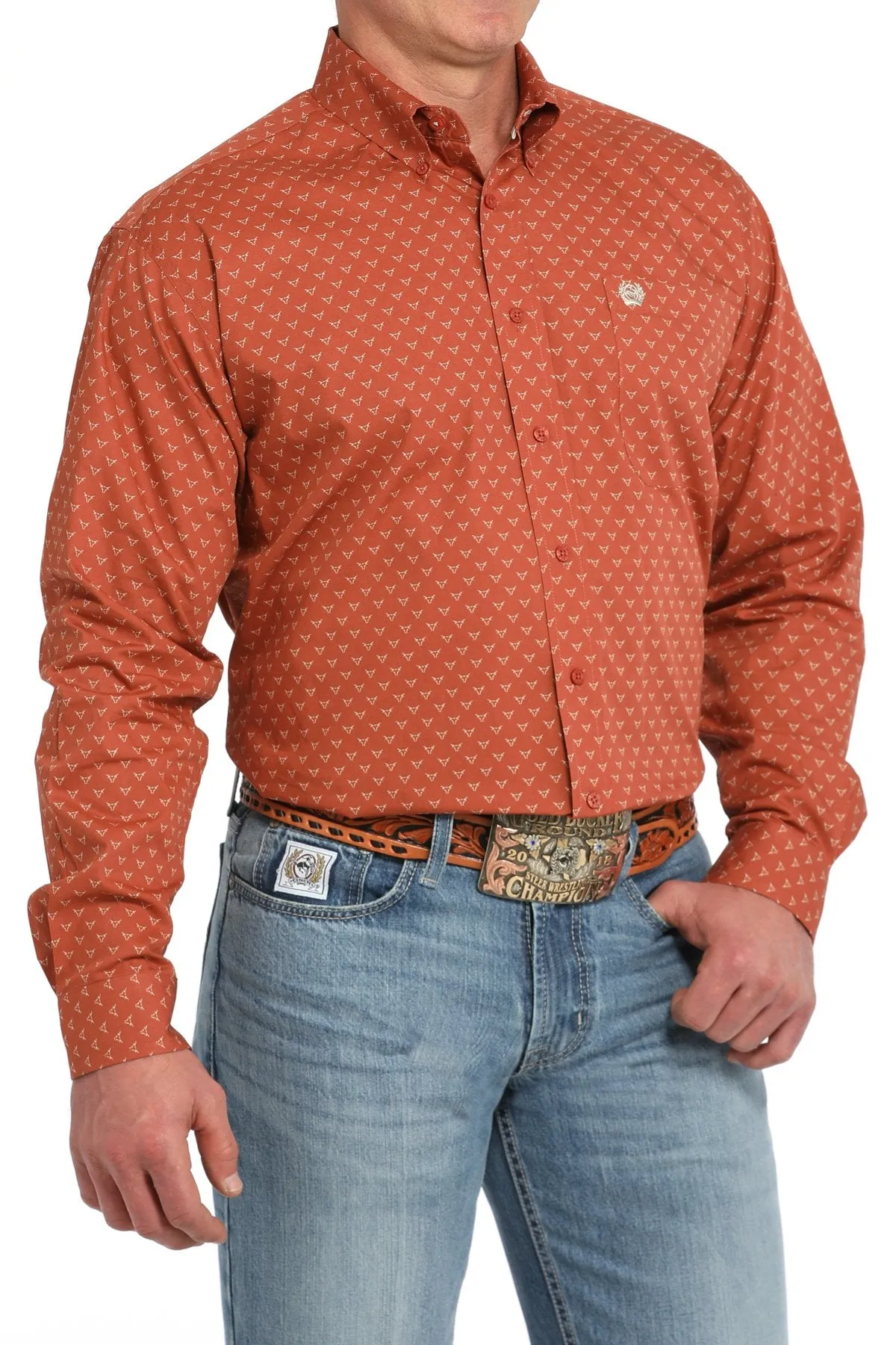 Cinch Men's L/S Classic Fit Steer Print Western Button Down Shirt in Orange Good stretch Oversized Cut