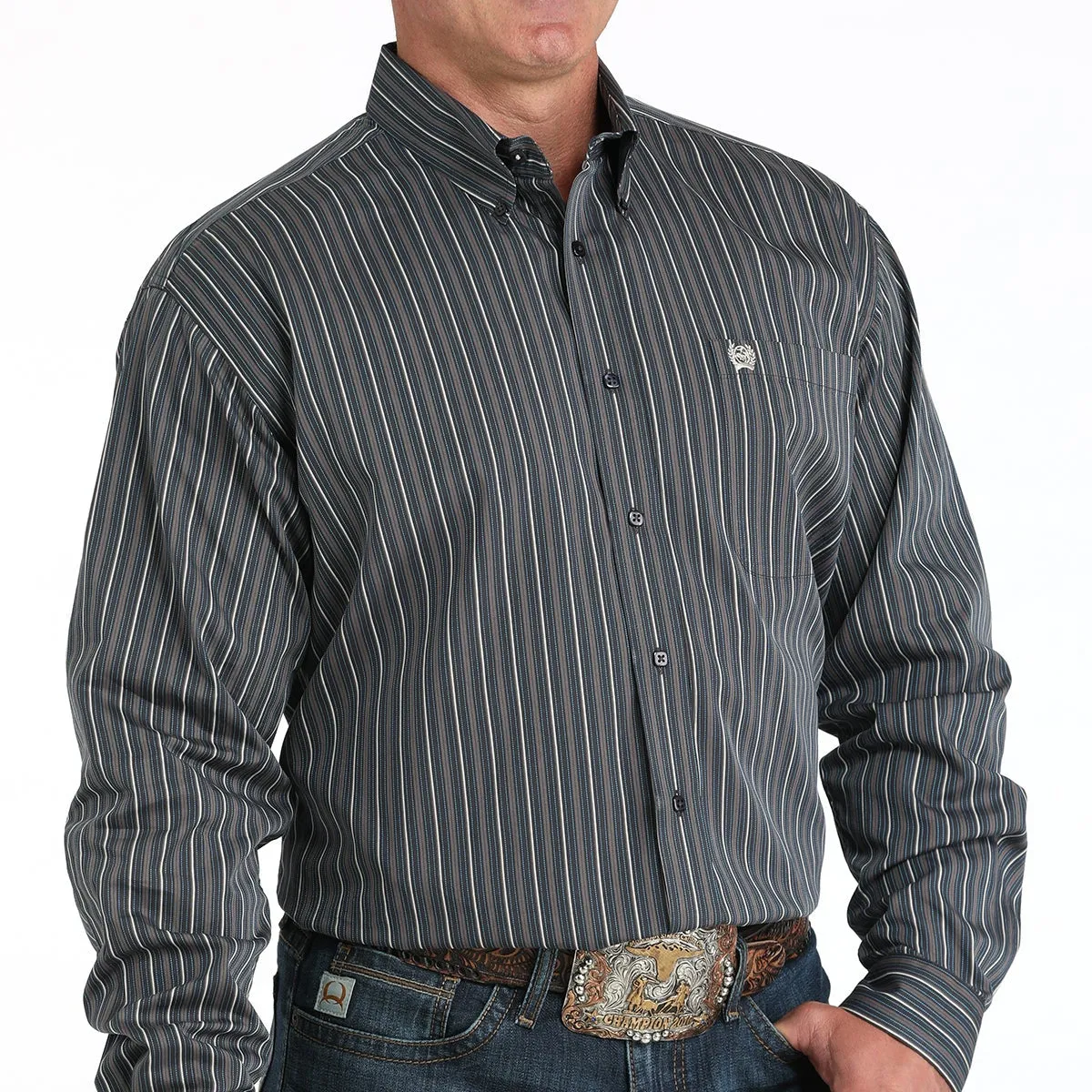 elastic waistband Classic and Comfy Cinch Men's L/S Classic Fit Striped Button Down Western Shirt in Charcoal