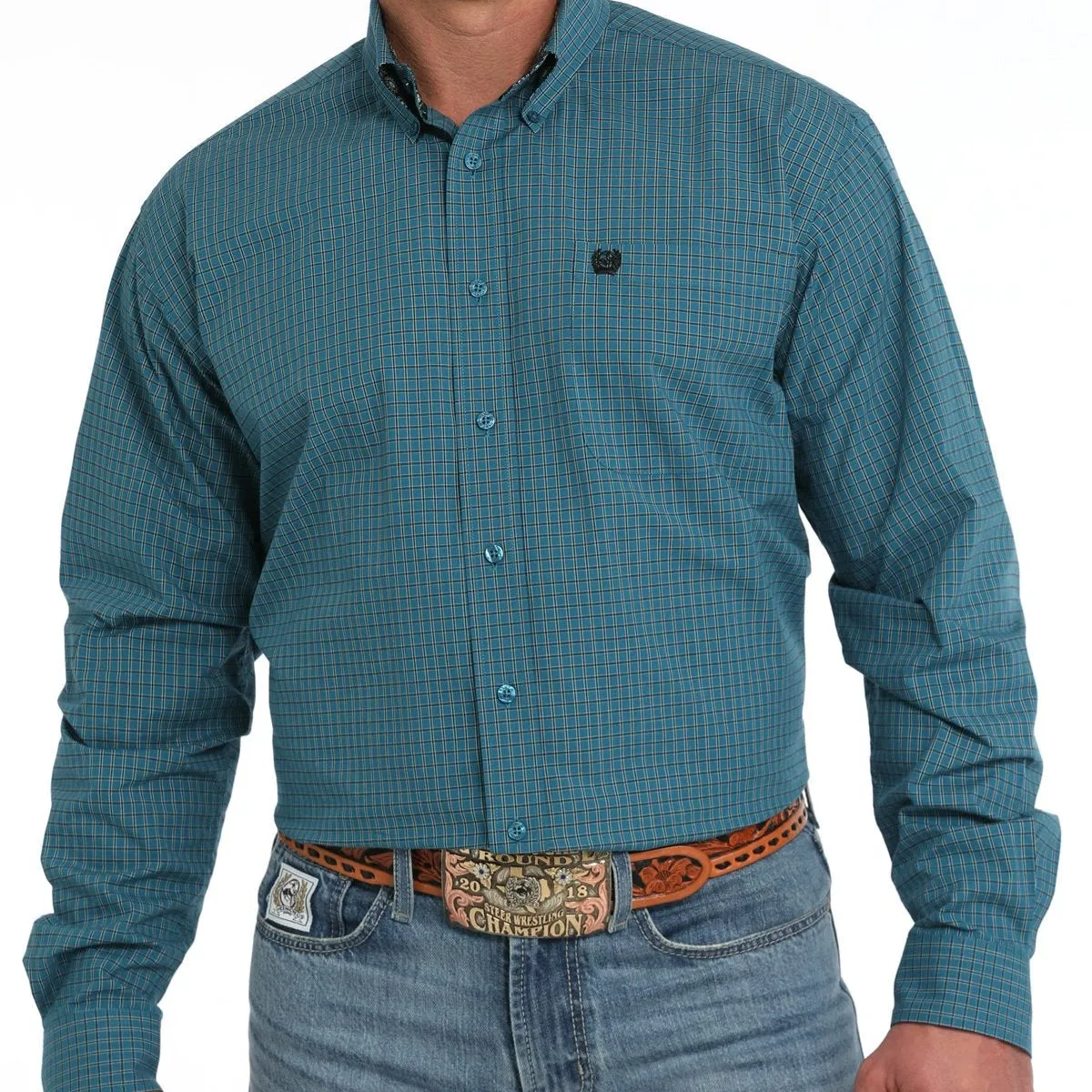 Cinch Men's L/S Classic Fit Windowpane Plaid Western Button Down Shirt in Teal Micro Perforated Fabric