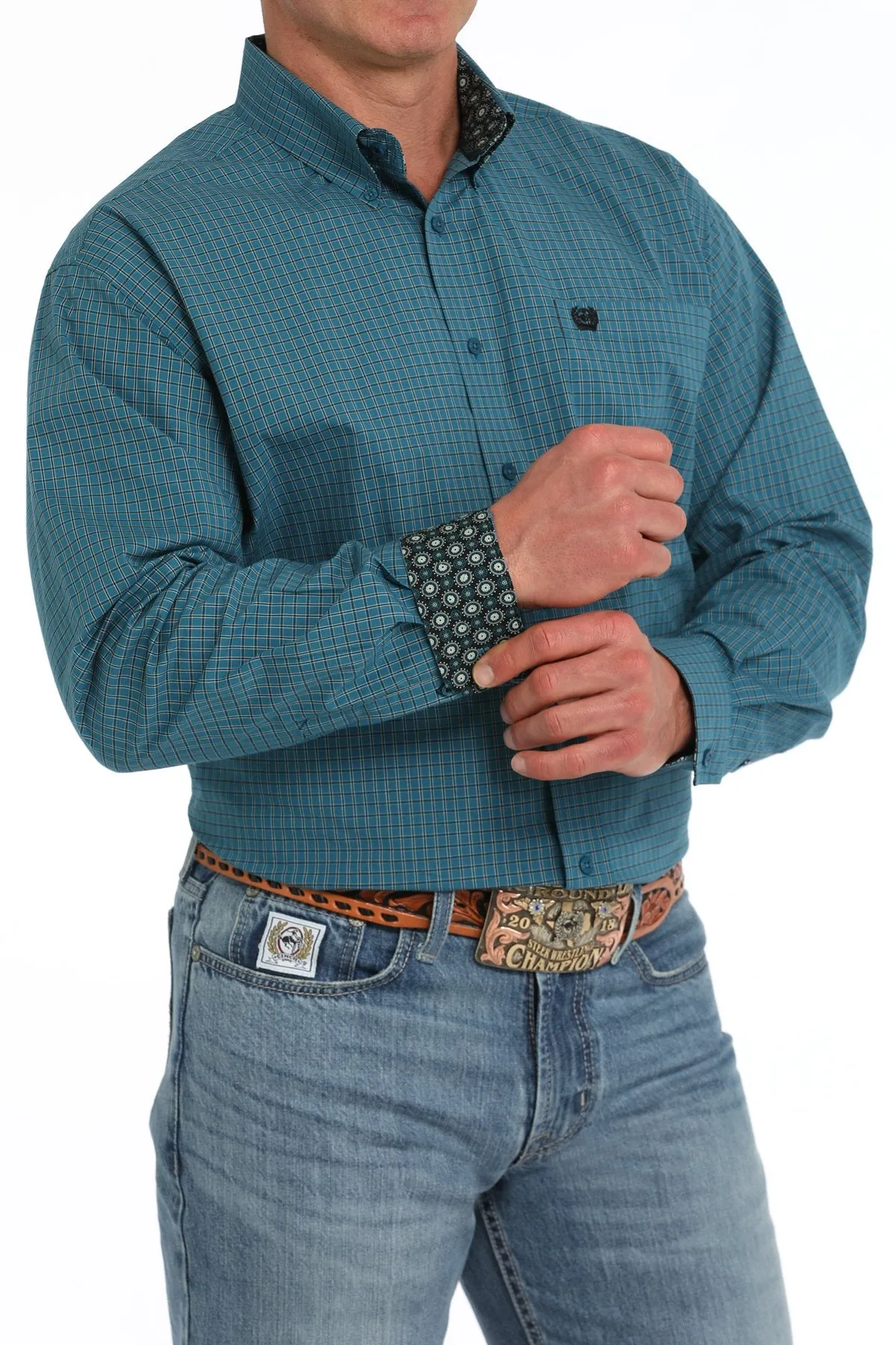 Cinch Men's L/S Classic Fit Windowpane Plaid Western Button Down Shirt in Teal Minimalistic Wear Stylish Casual
