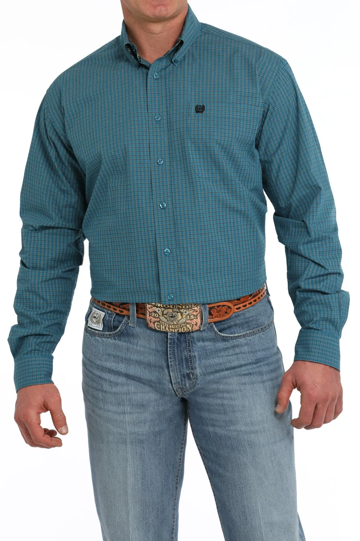 Sporty Style Wear Midweight Knit Cinch Men's L/S Classic Fit Windowpane Plaid Western Button Down Shirt in Teal