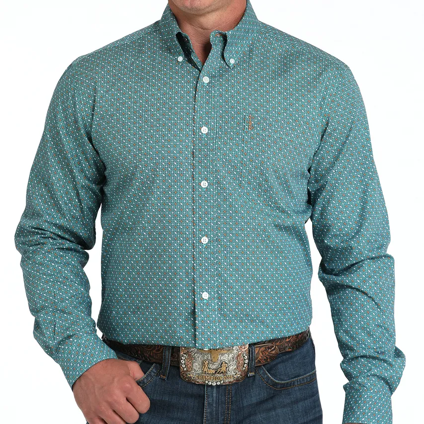 MinimalistDesign Elderly Comfort Cinch Men's L/S Modern Fit Geometric Print Western Button Down Shirt in Turquoise