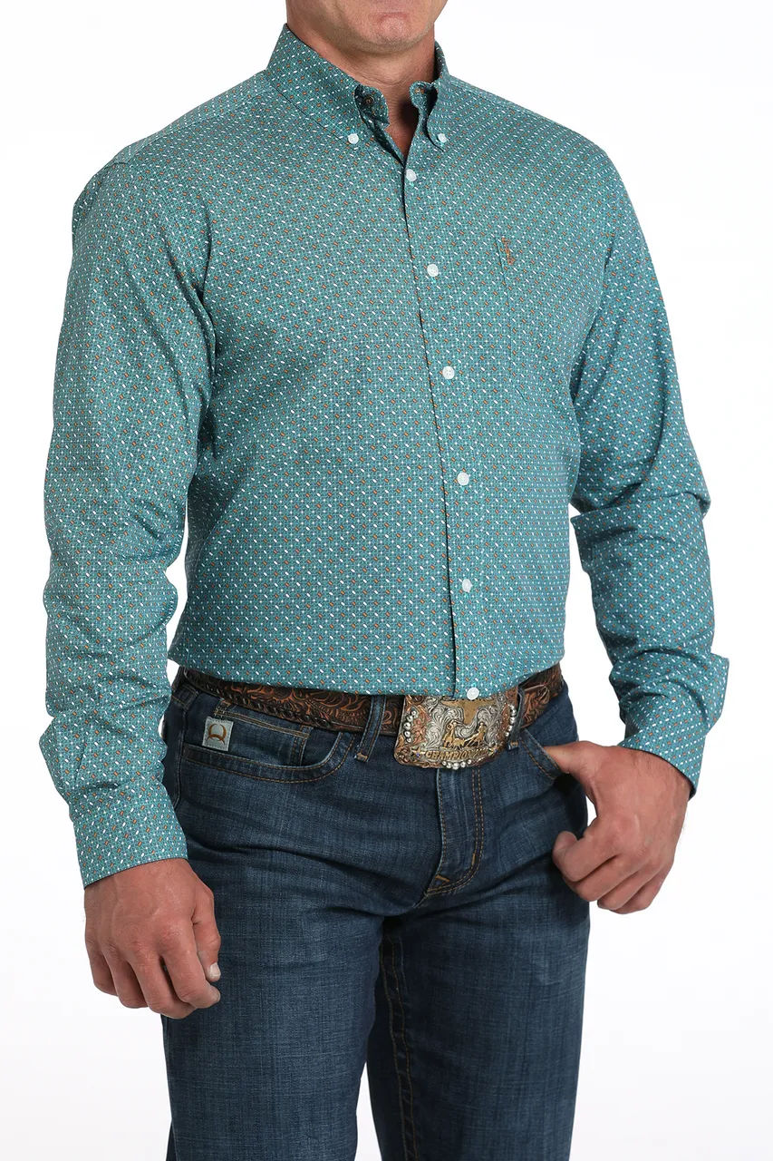 Cinch Men's L/S Modern Fit Geometric Print Western Button Down Shirt in Turquoise Soft Comfort Wear