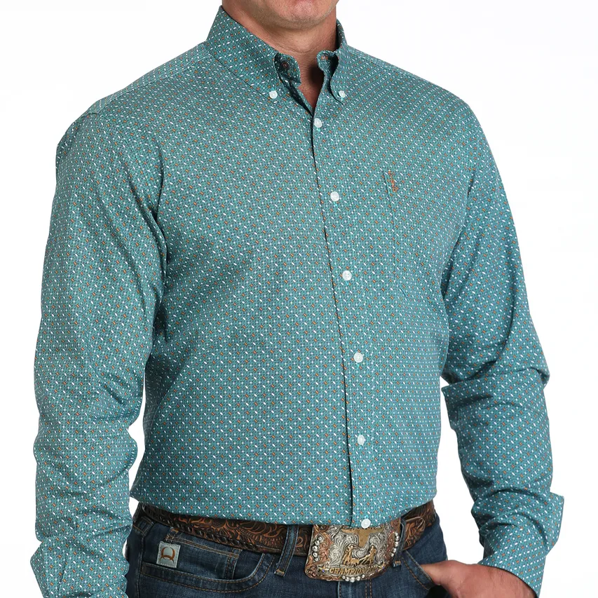 Cinch Men's L/S Modern Fit Geometric Print Western Button Down Shirt in Turquoise SeamlessSidePanels Timeless Fit