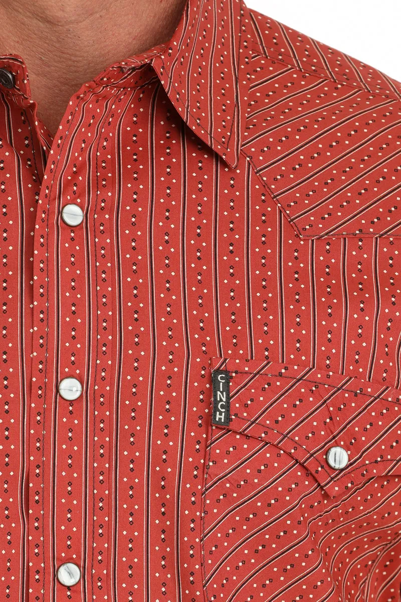 Cinch Men's L/S Modern Fit Geometric Striped Western Snap Shirt in Red Functional Fit hypoallergenic