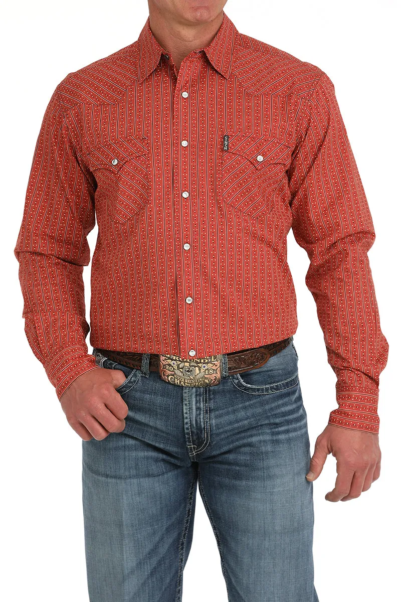 Everyday Fashion Seasonal Outfit Cinch Men's L/S Modern Fit Geometric Striped Western Snap Shirt in Red