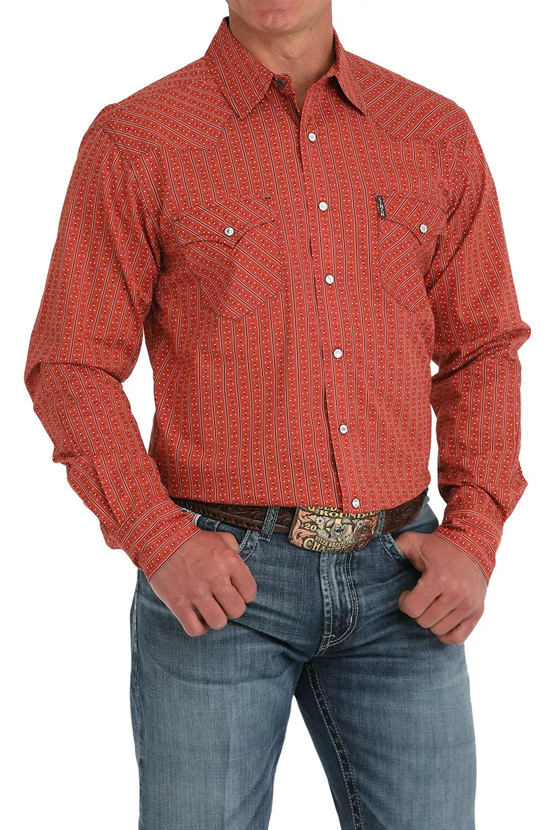 Classic Smart Cinch Men's L/S Modern Fit Geometric Striped Western Snap Shirt in Red