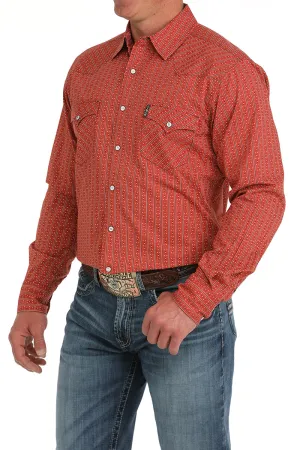 Curved Hem Easy-to-Match Cinch Men's L/S Modern Fit Geometric Striped Western Snap Shirt in Red