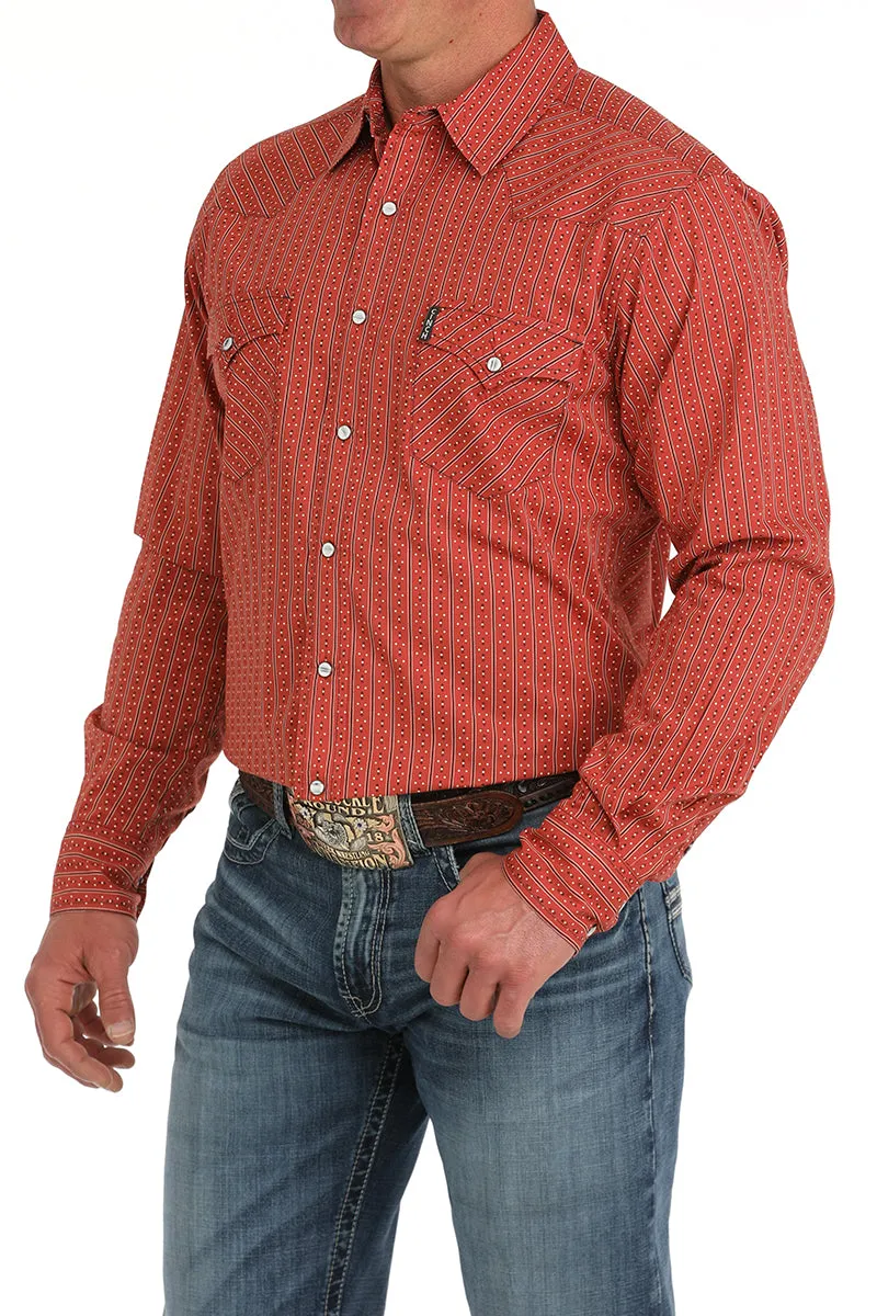 Curved Hem Easy-to-Match Cinch Men's L/S Modern Fit Geometric Striped Western Snap Shirt in Red