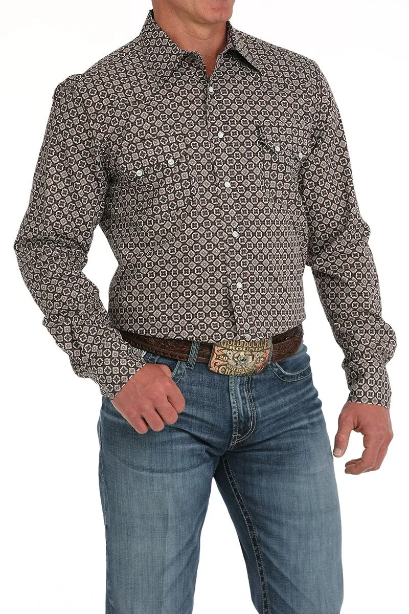 Cinch Men's L/S Modern Fit Medallion Western Snap Shirt in Brown & White Layering Options Comfort Wear Fit