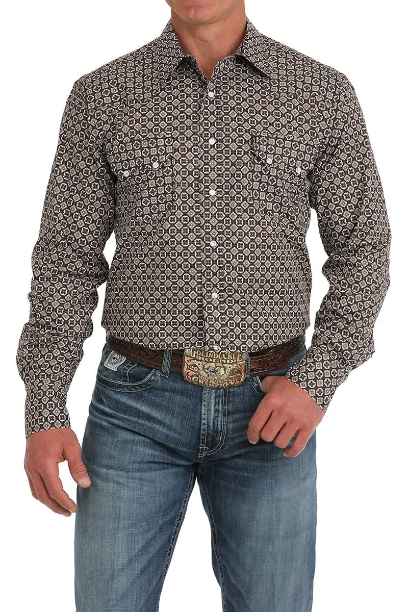City Smart Unisex Core Cinch Men's L/S Modern Fit Medallion Western Snap Shirt in Brown & White