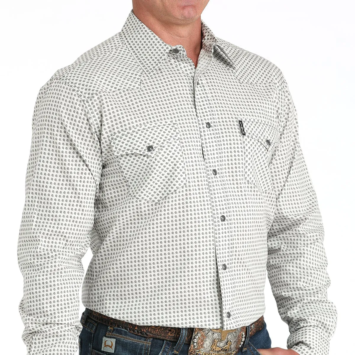 Colorfast Material Biodegradable Options Cinch Men's L/S Modern Fit Micro Floral Print Western Snap Shirt in Cream