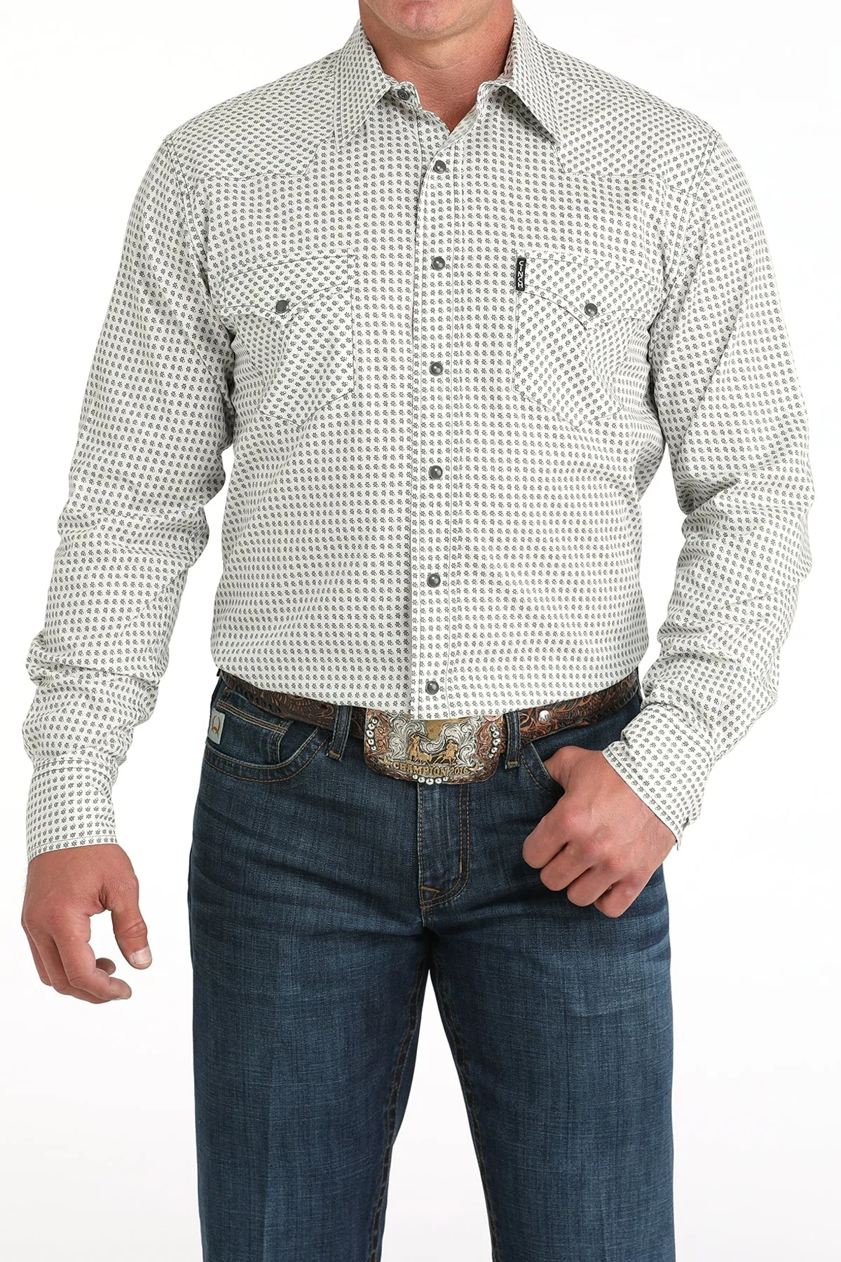 Cinch Men's L/S Modern Fit Micro Floral Print Western Snap Shirt in Cream Athletic and Cool Durable Collar Construction