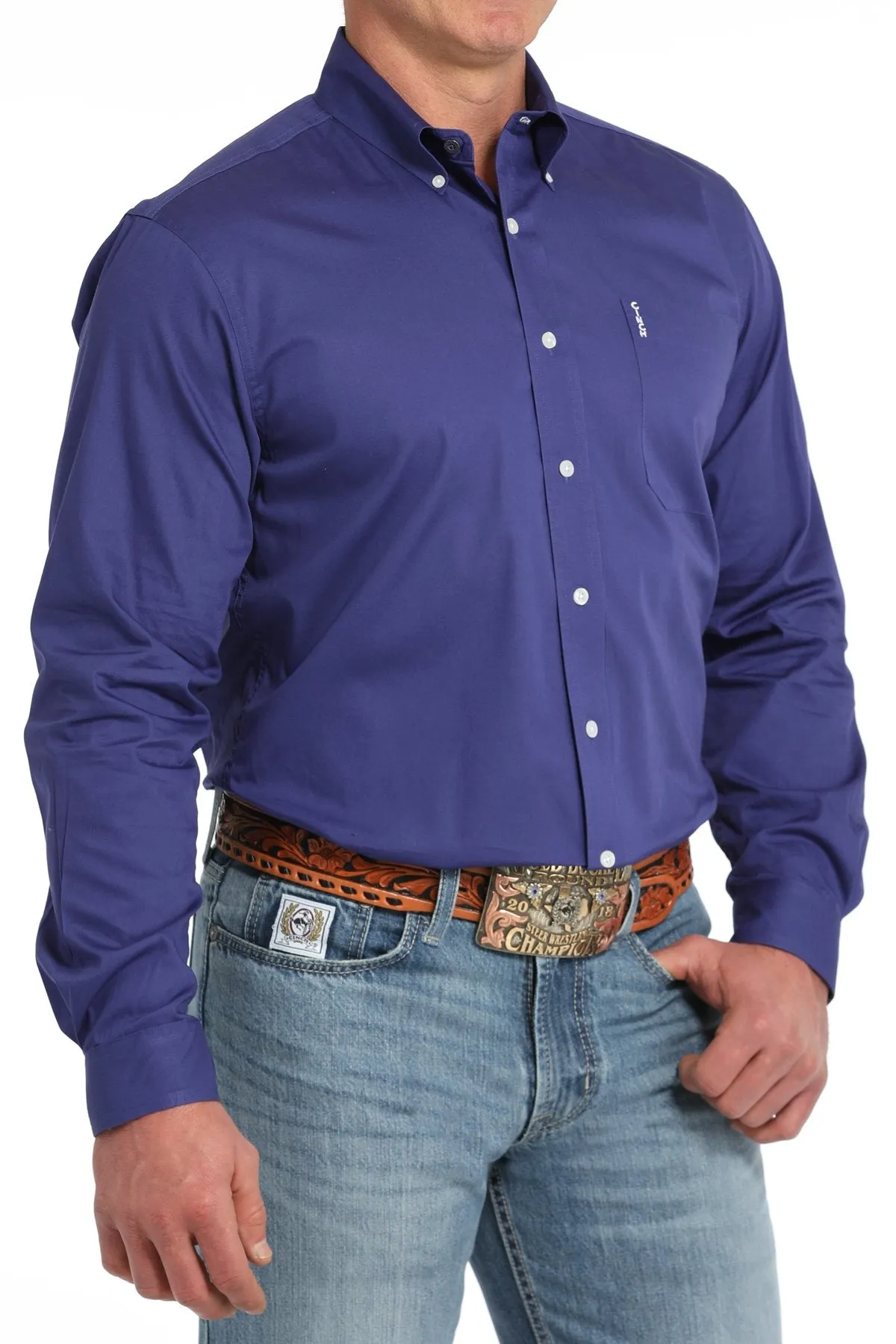Cinch Men's L/S Modern Fit Solid Purple Western Button Down Shirt Basic Top