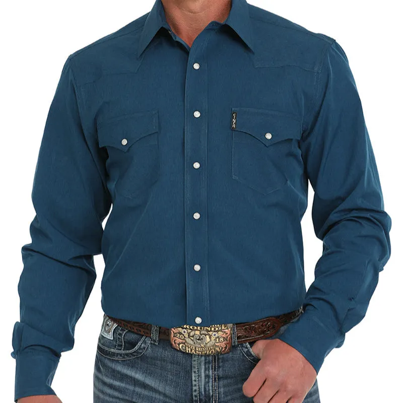 Cinch Men's L/S Modern Fit Solid Western Snap Shirt in Blue Subtle Details