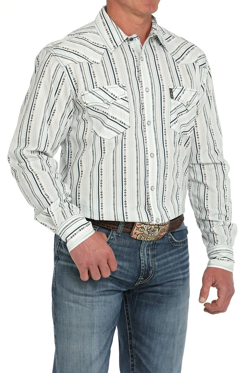 Cinch Men's L/S Modern Fit Striped Western Snap Shirt in White Breathable Fit Wear HeatResistantMaterial