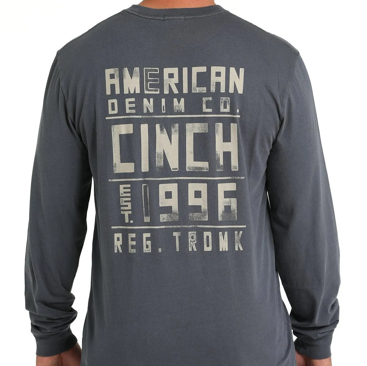Cinch Men's "American Denim Co." L/S Graphic Logo T-Shirt in Blue easy to pair School spirit