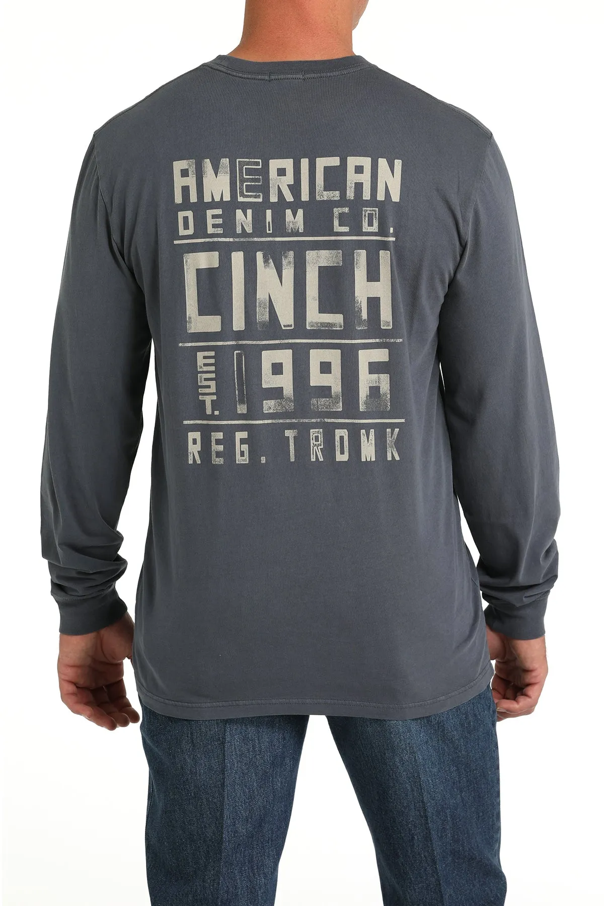 Cinch Men's "American Denim Co." L/S Graphic Logo T-Shirt in Blue Textured Surface Weekend Style