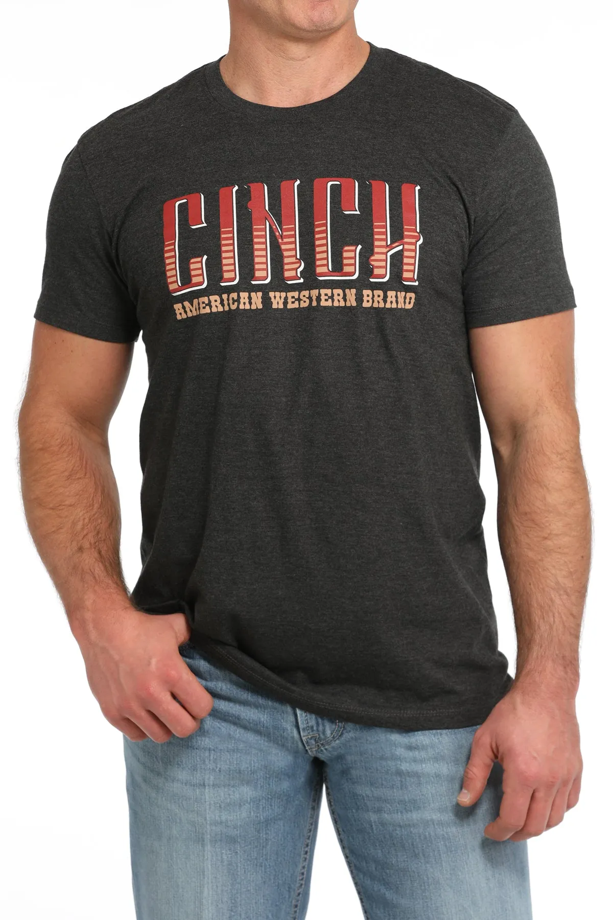 Sleek And Stylish Cozy Layers Cinch Men's "American Western Brand" Logo T-Shirt in Charcoal