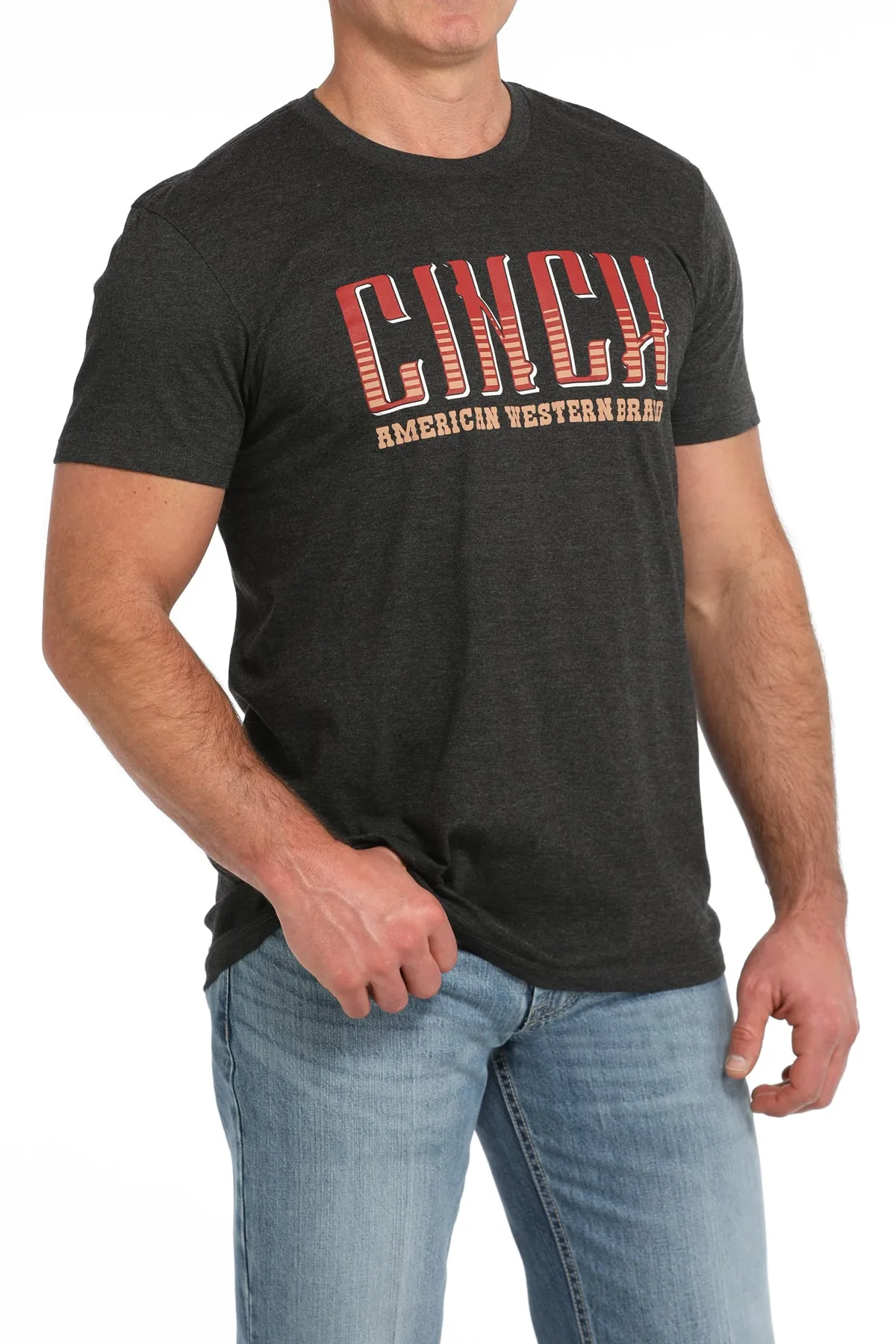 Cinch Men's "American Western Brand" Logo T-Shirt in Charcoal Versatile Wardrobe Piece Boat neck style