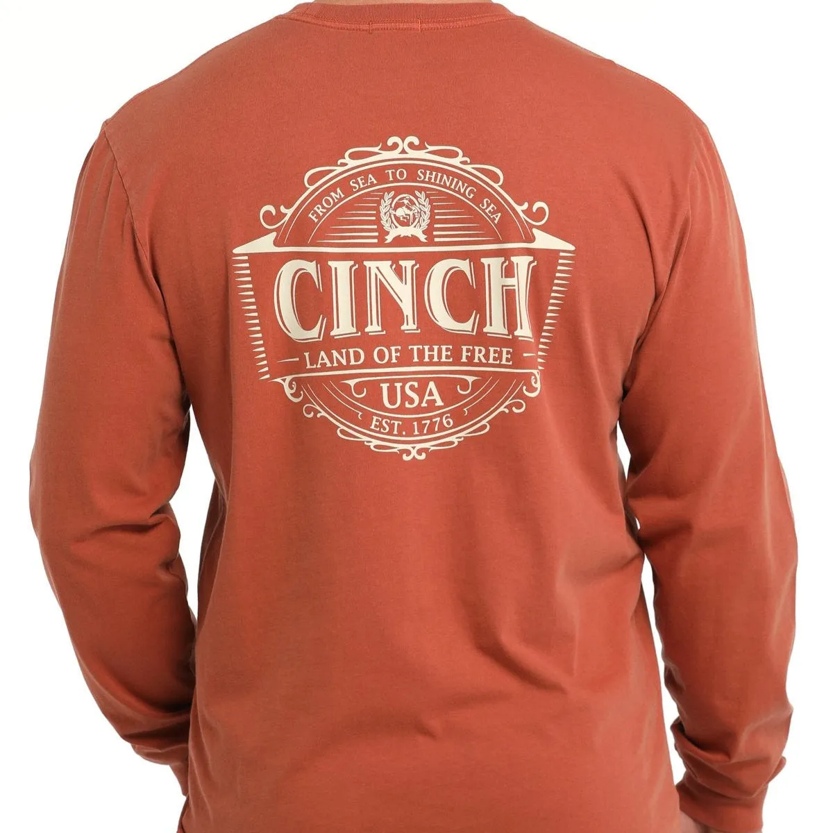 Cinch Men's "Land Of The Free" L/S Graphic Logo T-Shirt in Orange Organic Cotton Construction Fashion-Forward Fit
