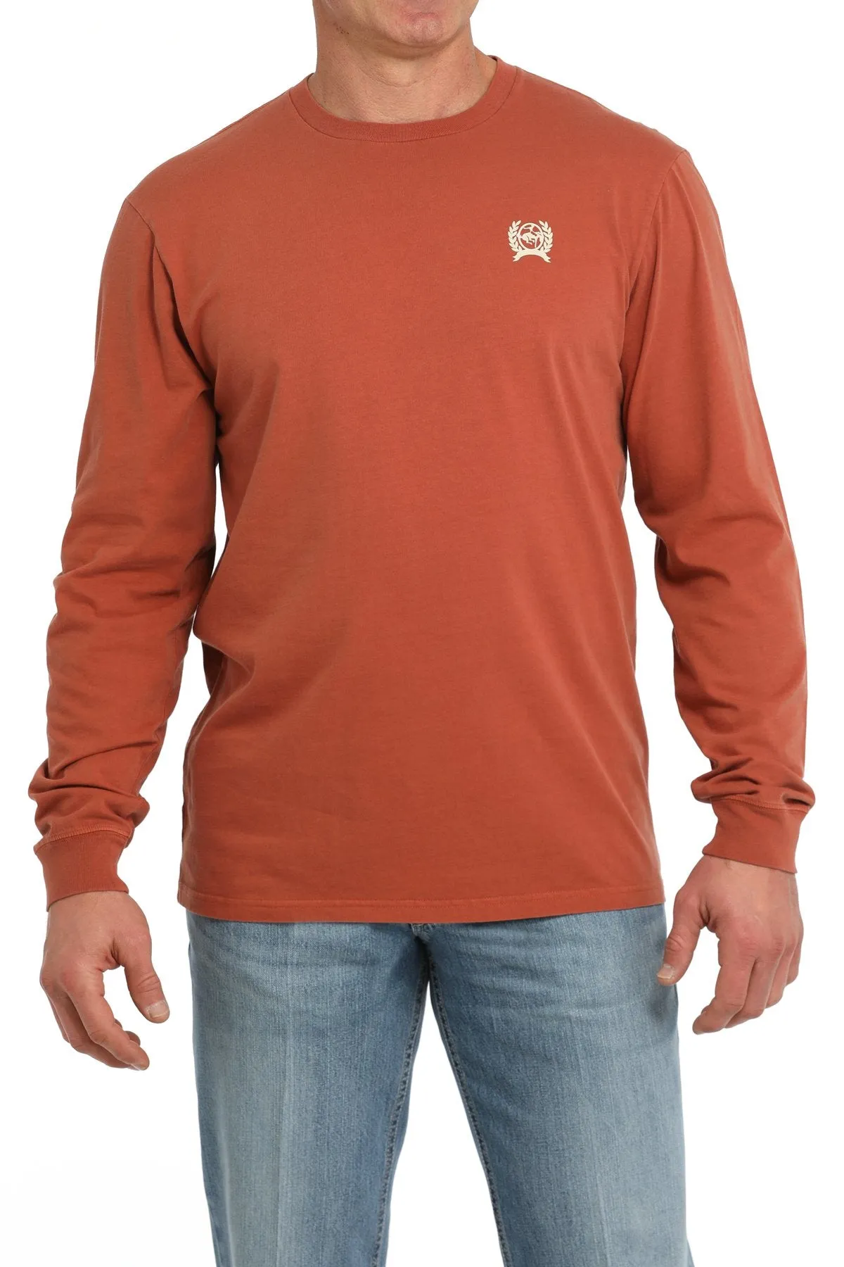 Everyday Fashion Look No Shrink Fabric Cinch Men's "Land Of The Free" L/S Graphic Logo T-Shirt in Orange