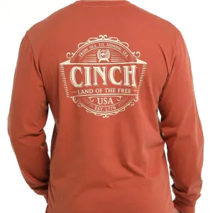 Cinch Men's "Land Of The Free" L/S Graphic Logo T-Shirt in Orange Organic Cotton Construction Fashion-Forward Fit