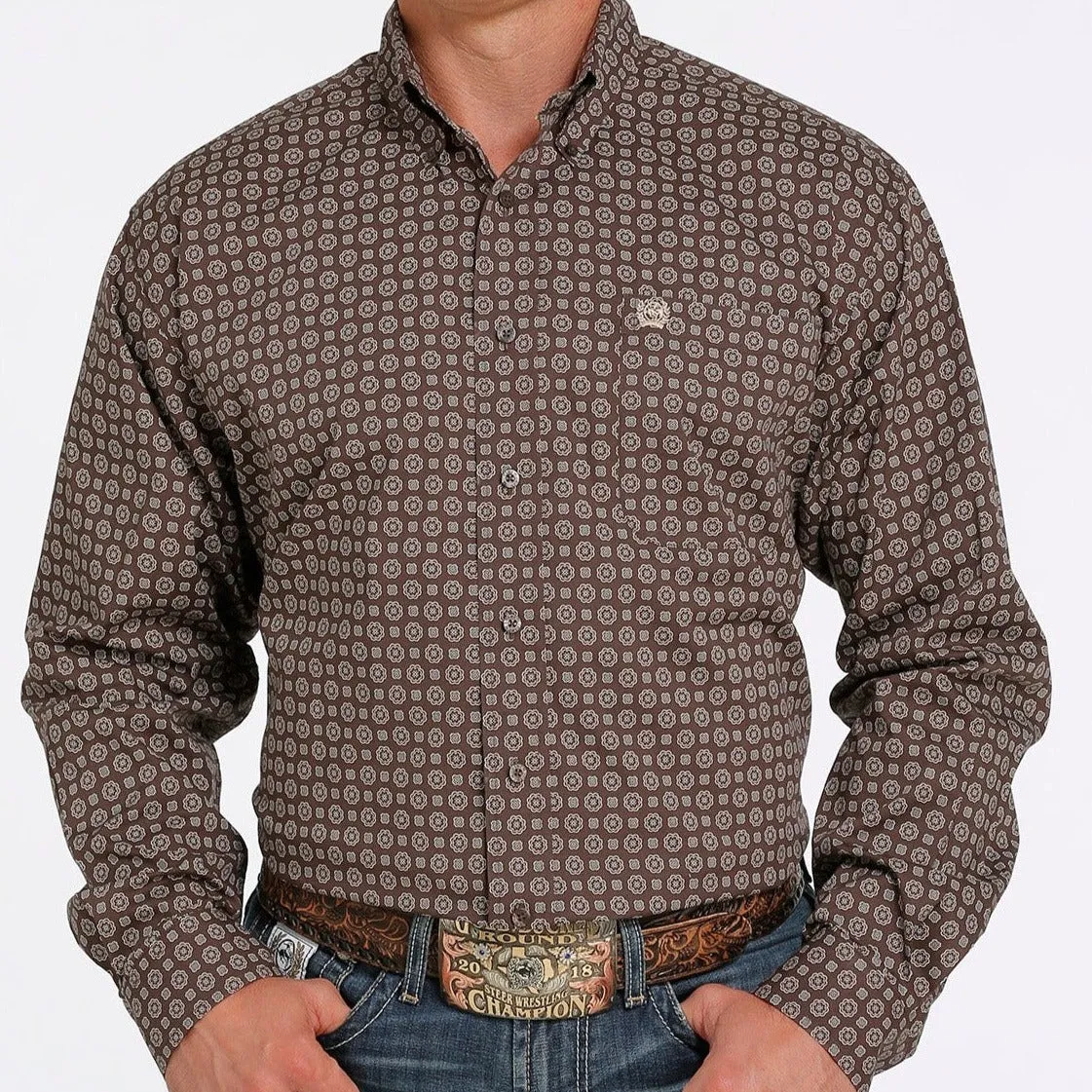 Premium Cotton Heat Transfer Printing Cinch Men's Stretch Medallion Long Sleeve Western Shirt