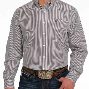 Pocket Reinforcement Chilly Weather Style Cinch Men's White and Purple Stripe Long Sleeve Western Shirt