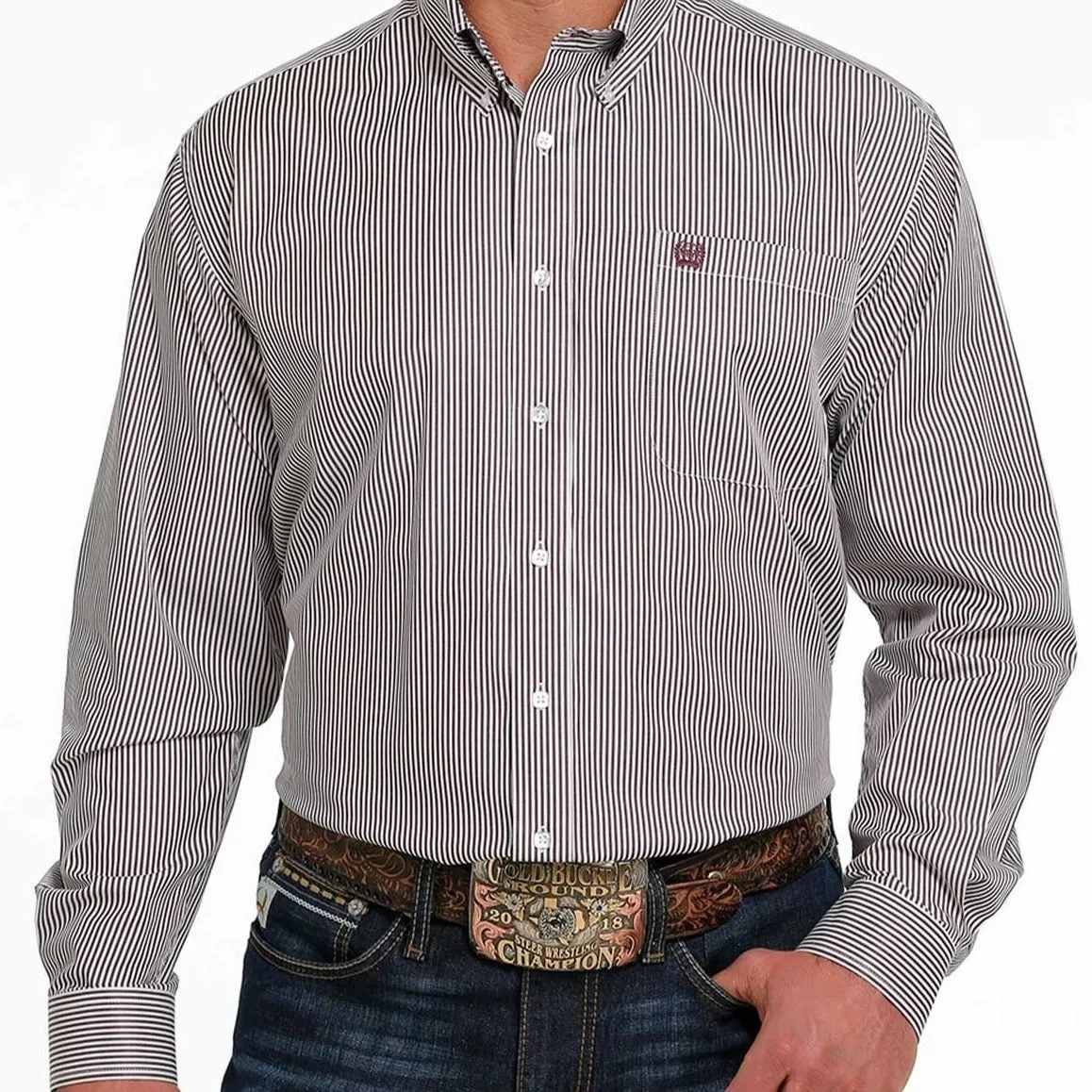 Pocket Reinforcement Chilly Weather Style Cinch Men's White and Purple Stripe Long Sleeve Western Shirt