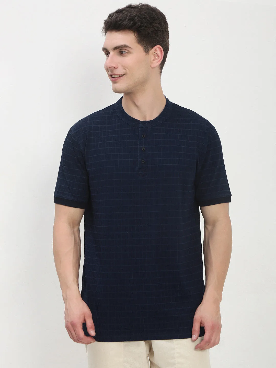 Men's Navy Blue Checked Henley Collar T-Shirt Flannel