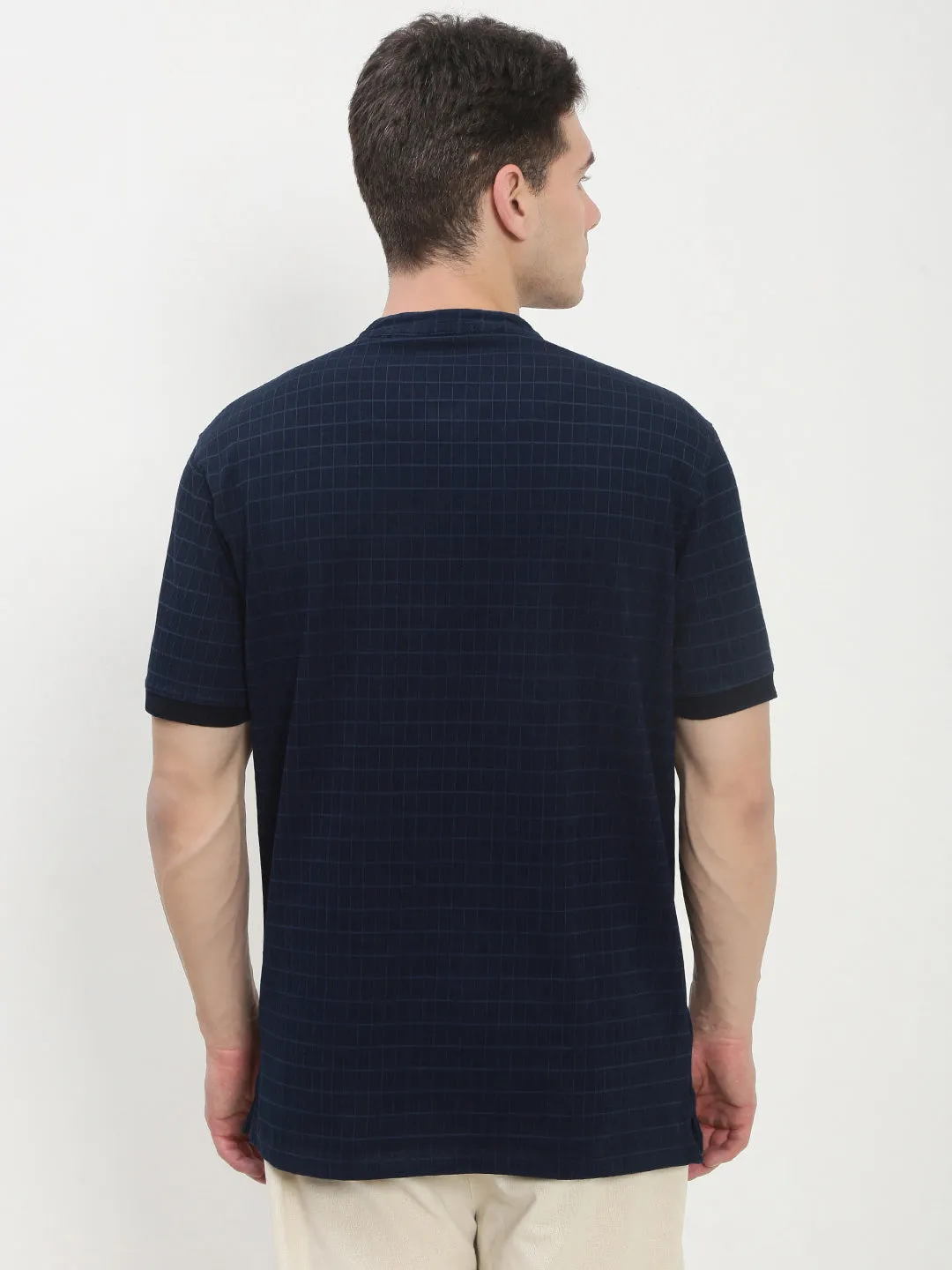 Men's Navy Blue Checked Henley Collar T-Shirt product budget friendly