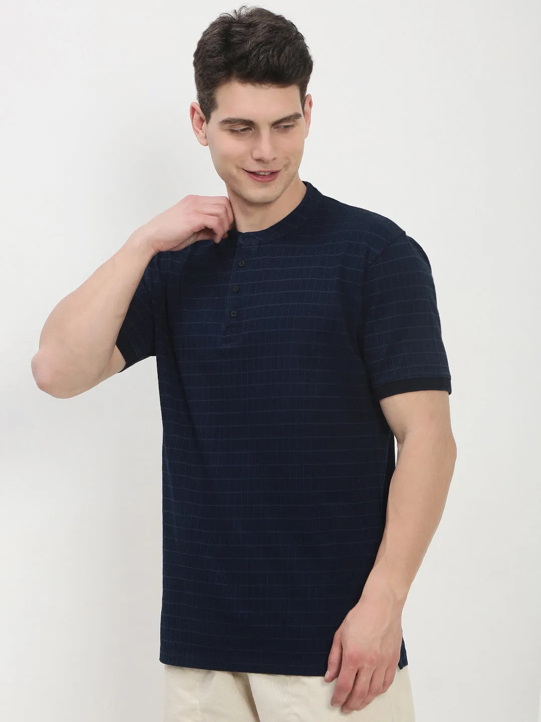 Men's Navy Blue Checked Henley Collar T-Shirt young people