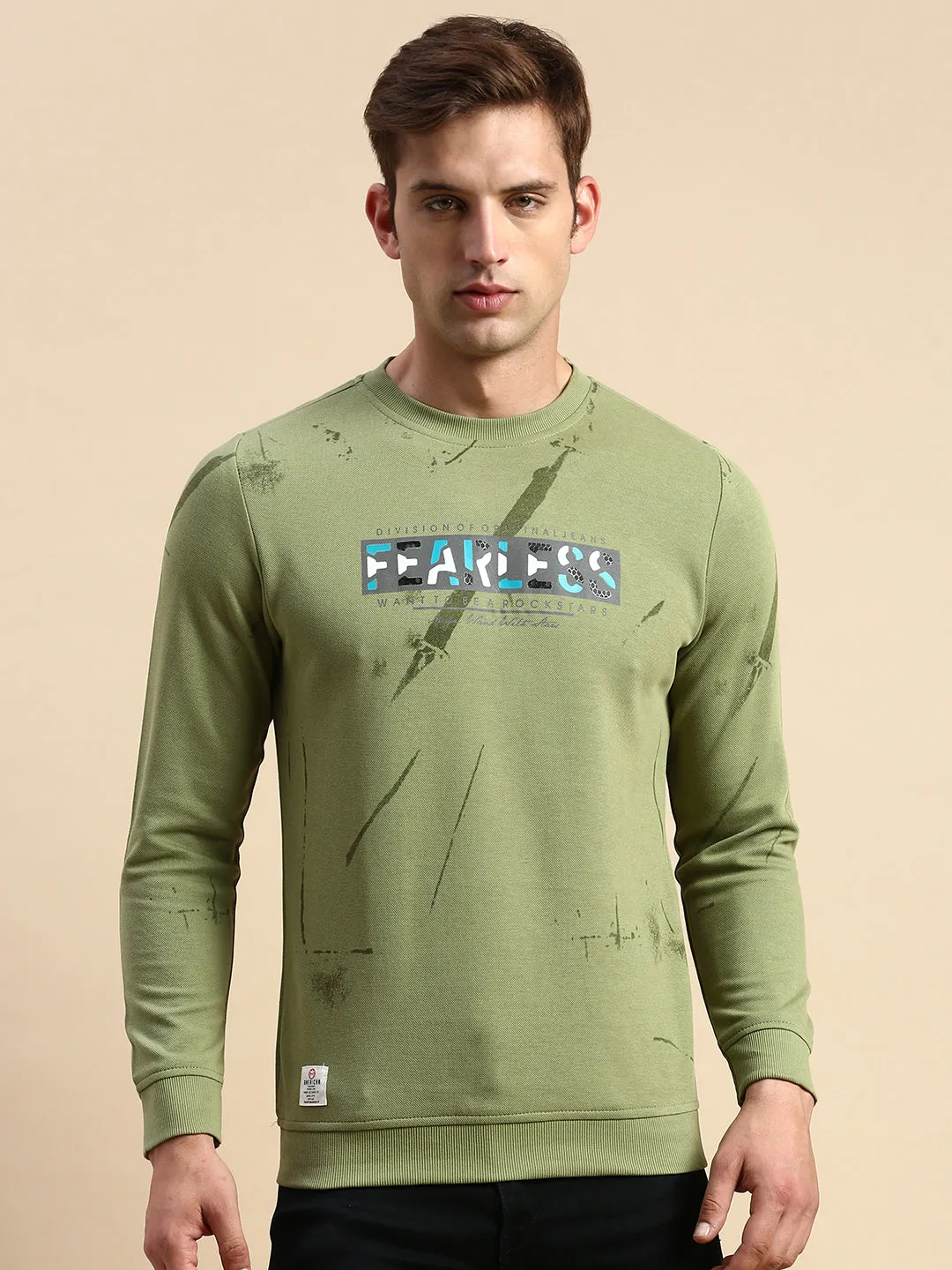 Men's Green Typography Printed Cotton Sweatshirt product linen breathability