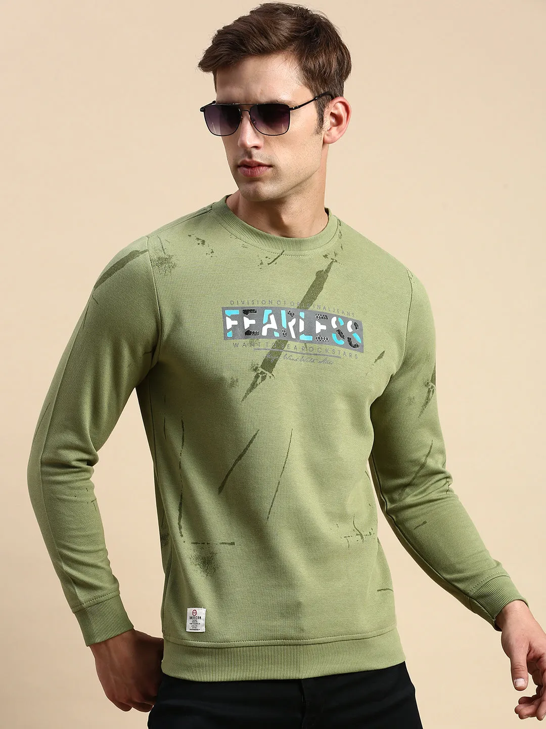 Warm Hoodie Running Top Men's Green Typography Printed Cotton Sweatshirt