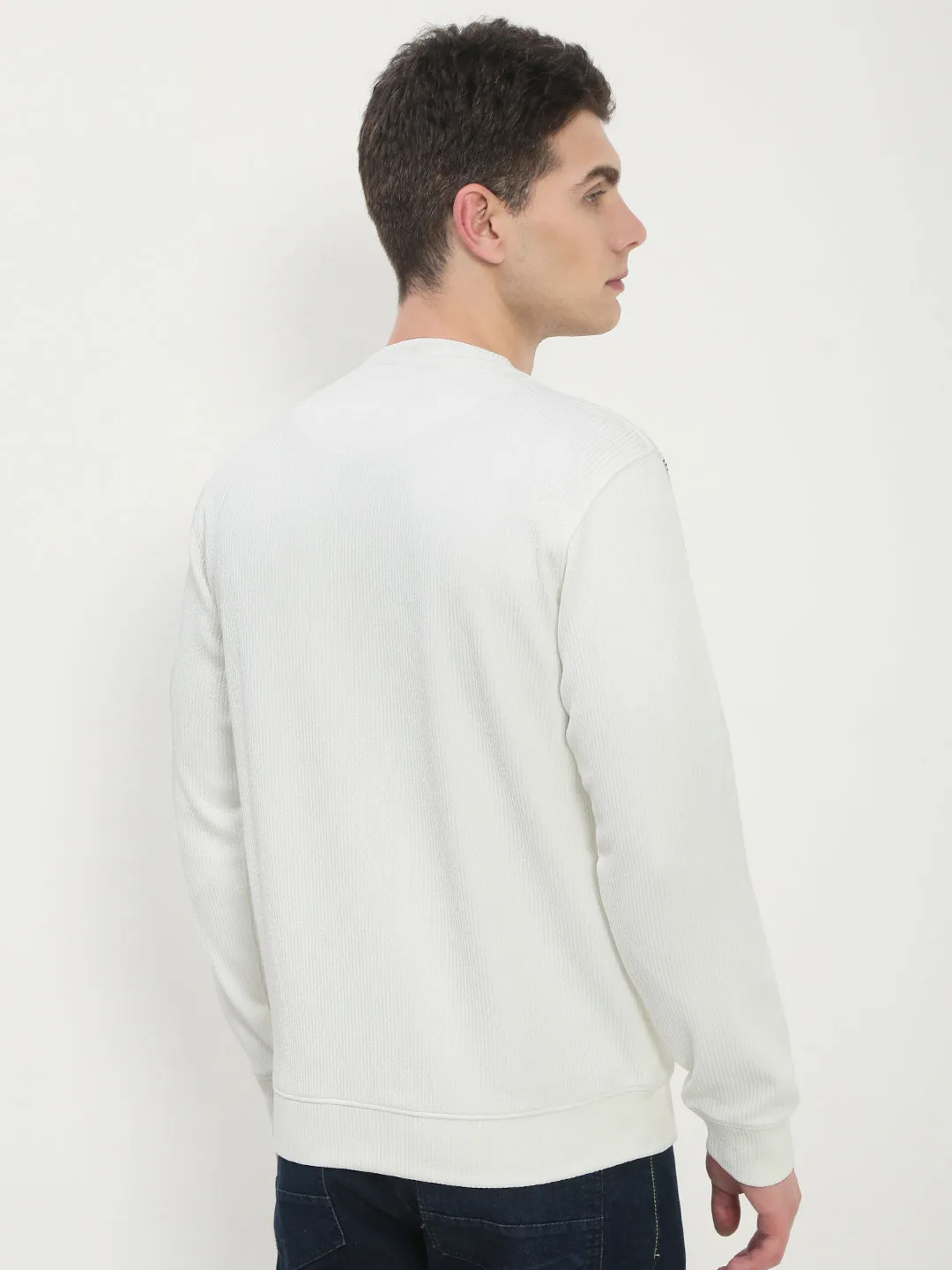 Adjustable dry cleanable Men's White Solid Round Neck Pullover Sweatshirt
