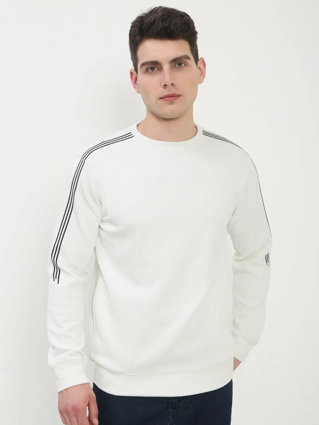 low end Comfy Street Style Men's White Solid Round Neck Pullover Sweatshirt