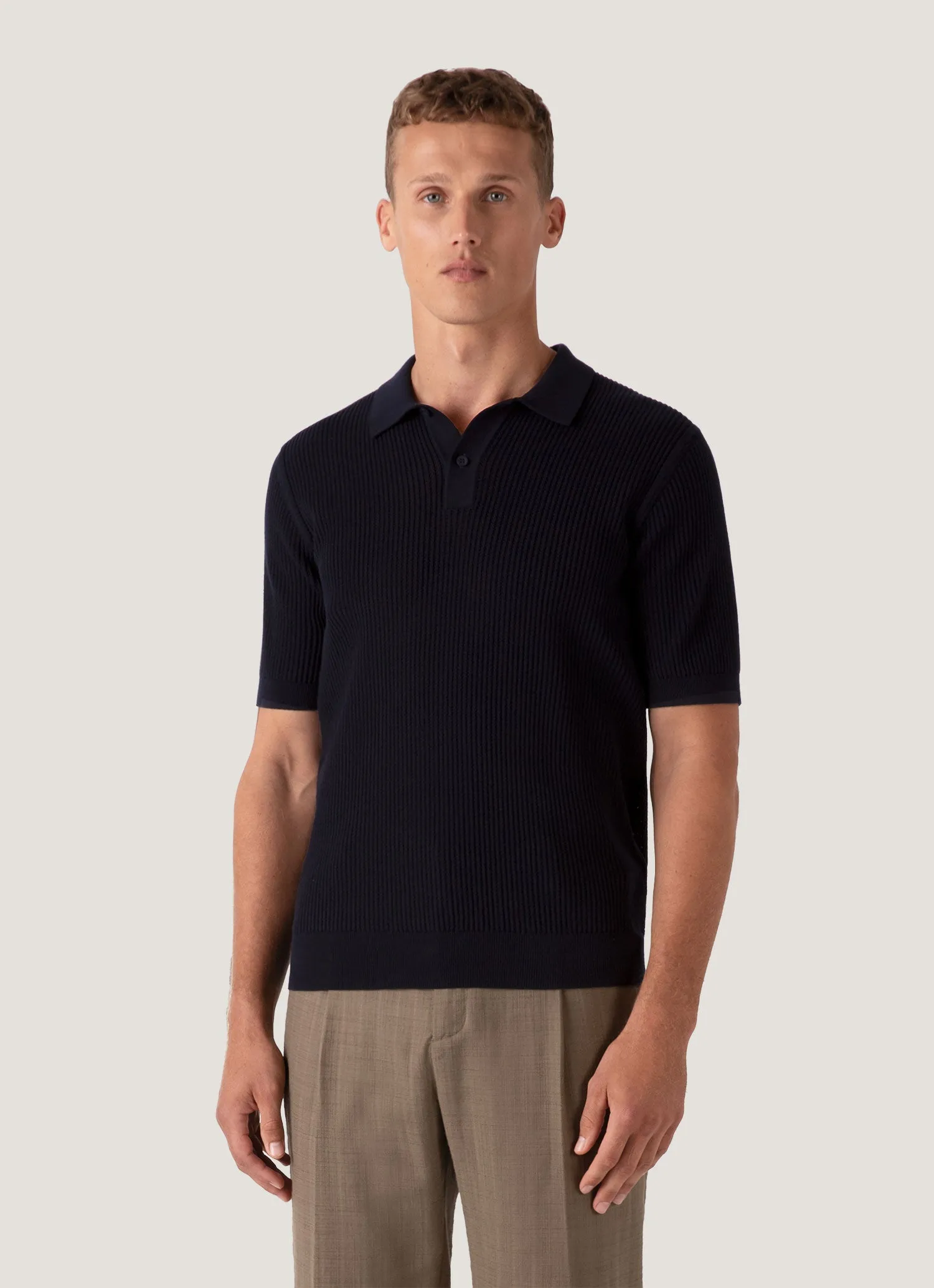 Unstructured Fit Men's Linear Mesh Knit Polo Shirt in Navy