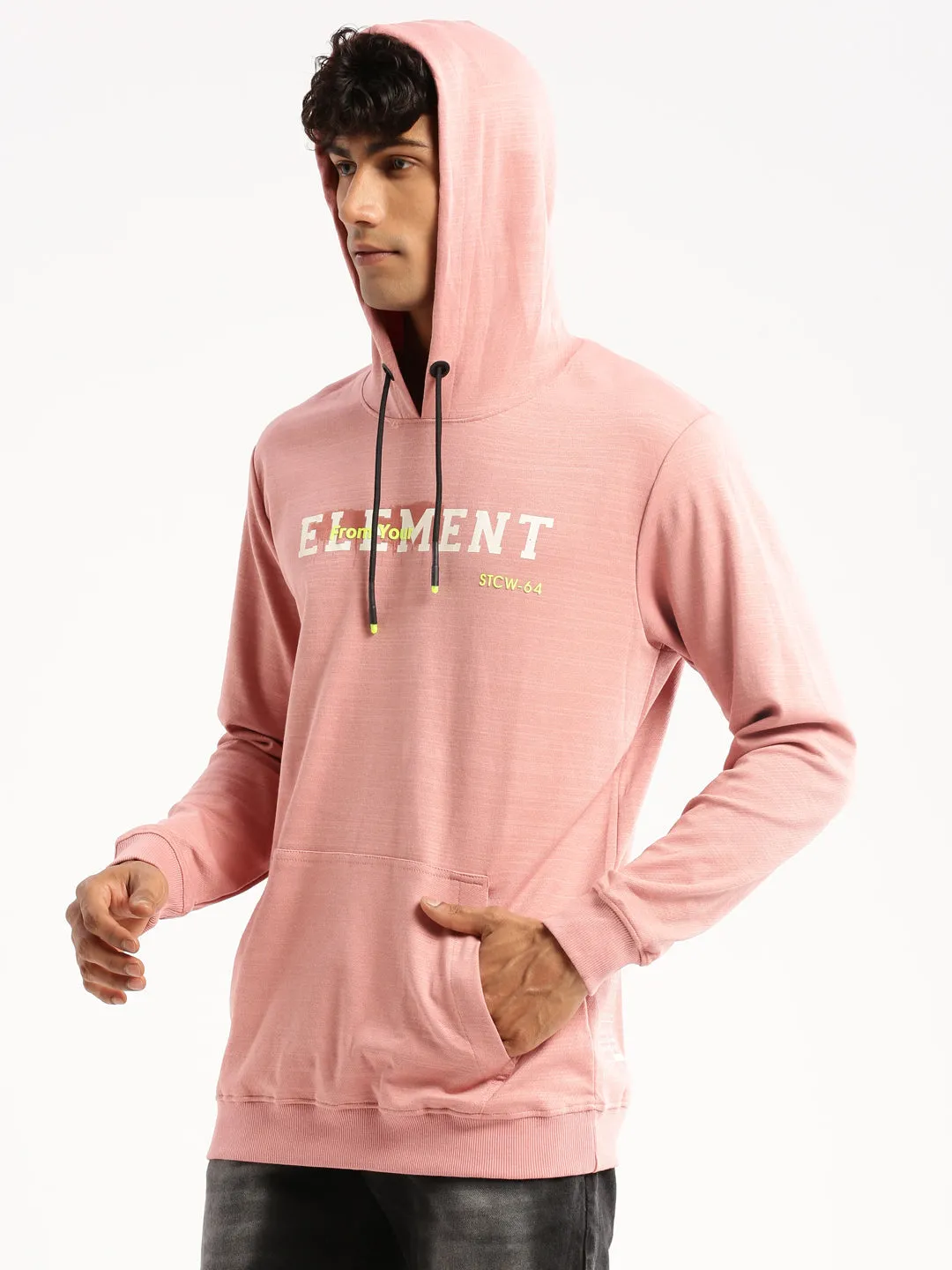 product mountain adventure spirit Men's Peach Typography Printed Hooded Cotton Slim Fit Pullover