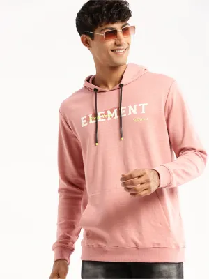 Warm Comfort Men's Peach Typography Printed Hooded Cotton Slim Fit Pullover