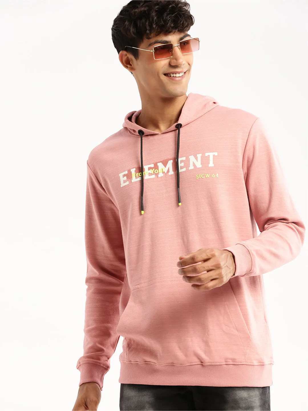 Warm Comfort Men's Peach Typography Printed Hooded Cotton Slim Fit Pullover
