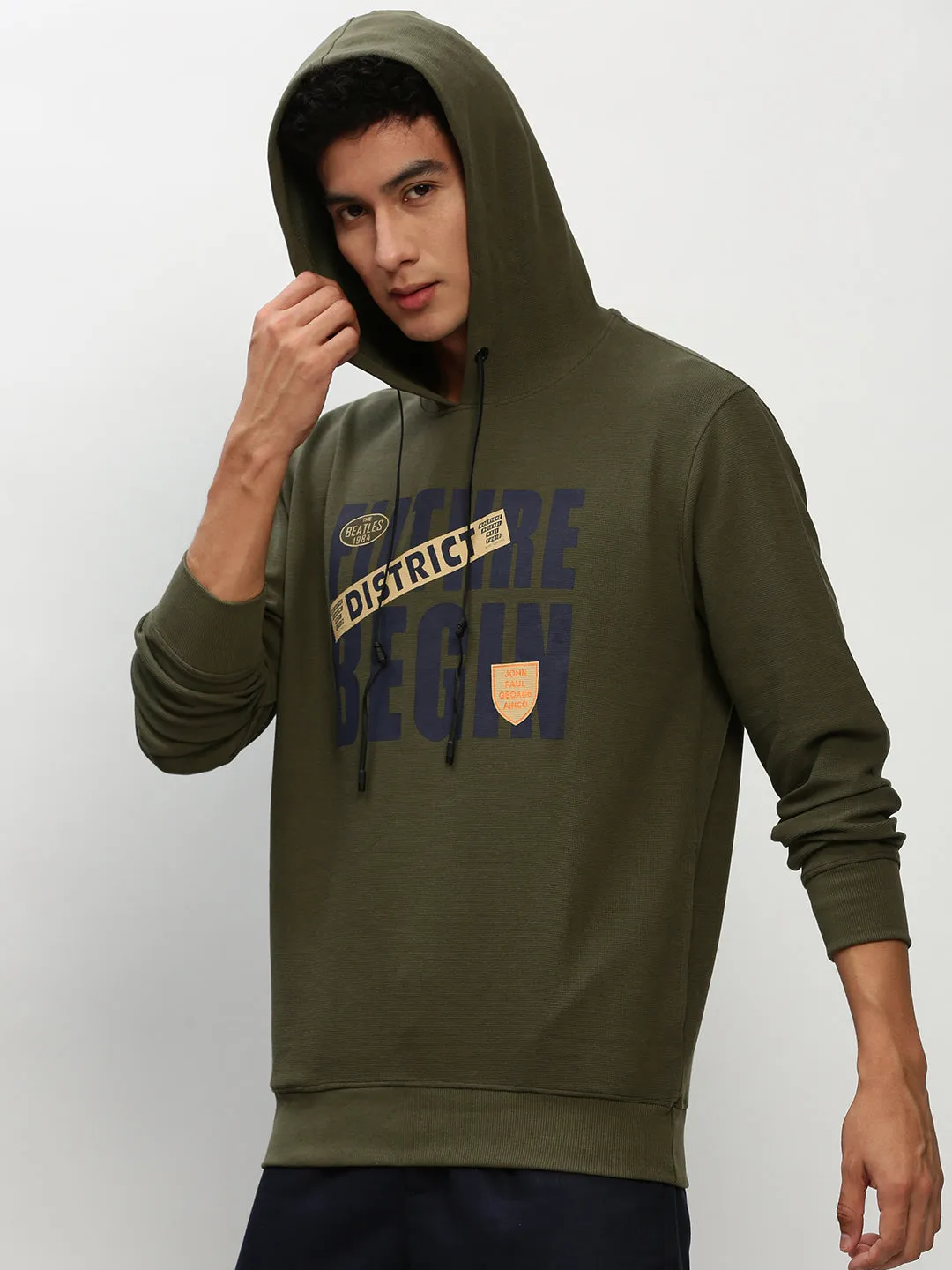 product return policy Men's Olive Typography Printed Hooded Cotton Sweatshirt