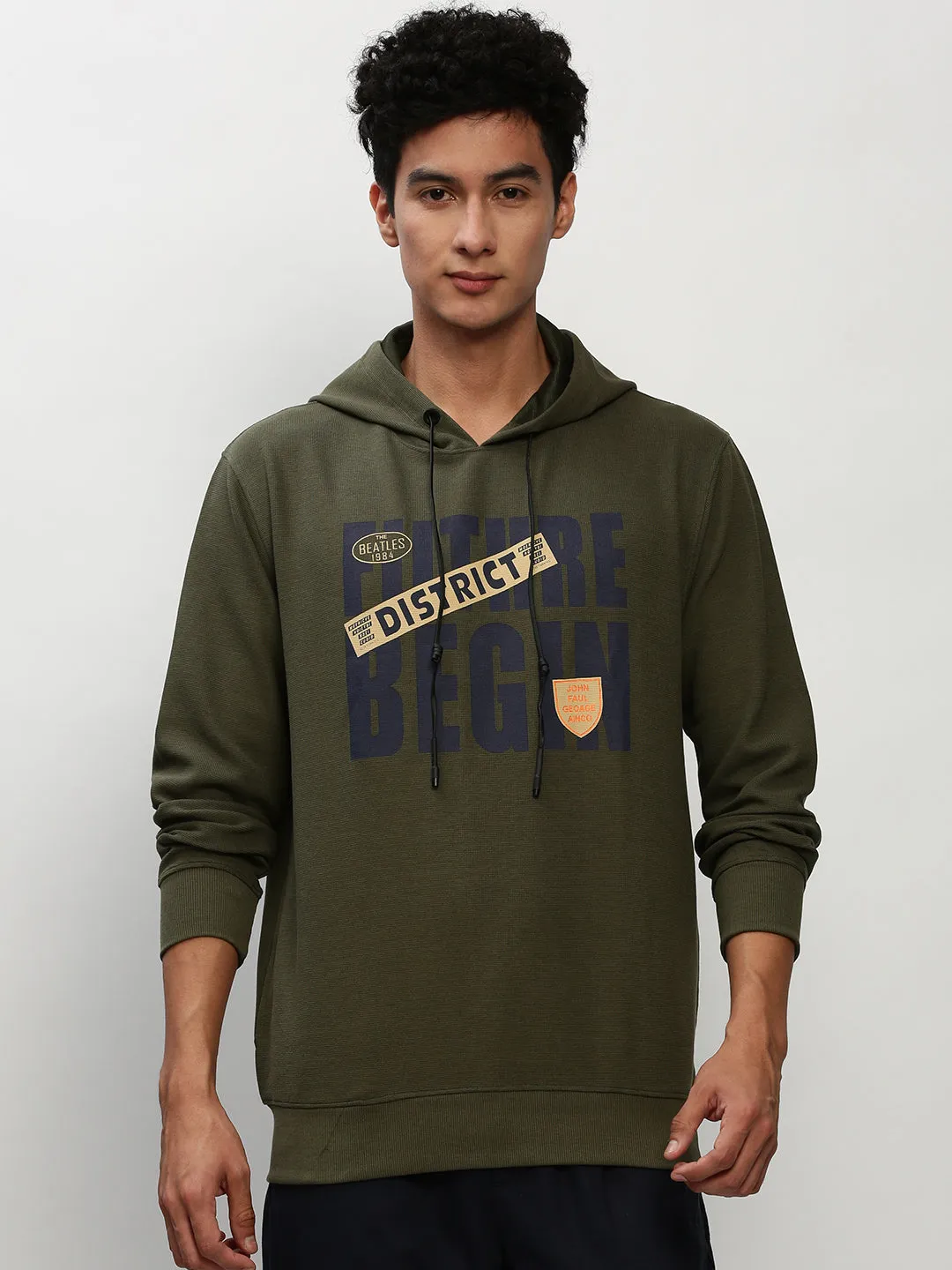 Weekend Minimal Men's Olive Typography Printed Hooded Cotton Sweatshirt