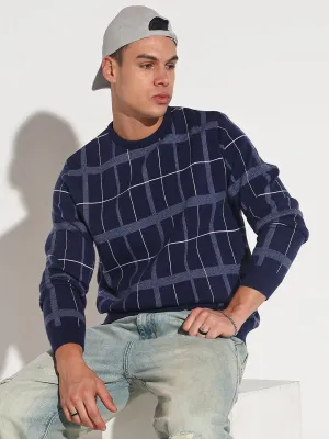 Men's Checked Navy Blue Ribbed Round Neck Sweater Recycled Polyester HighDensity Weave