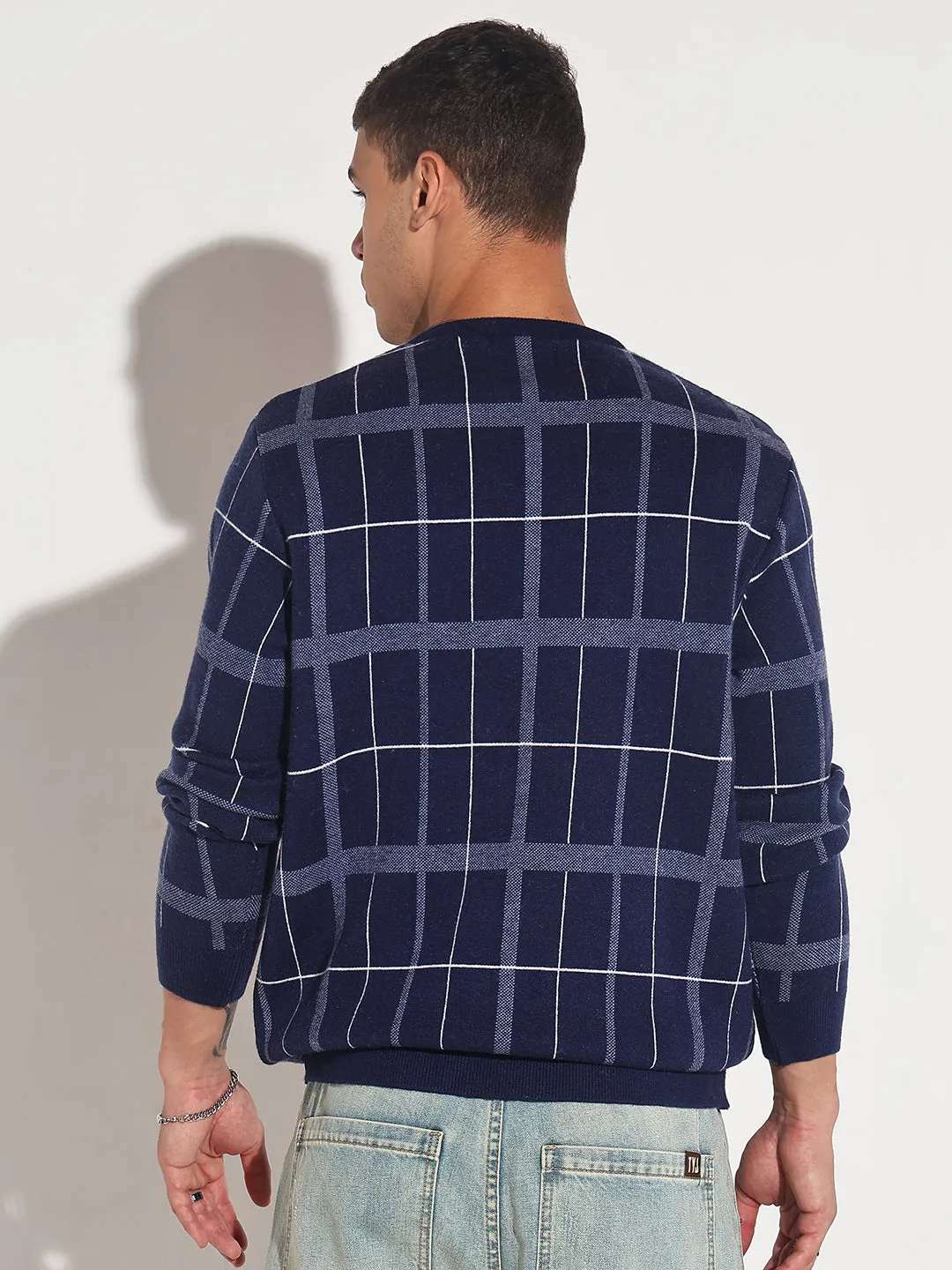 Tagless Labeling Biodegradable Fabric Men's Checked Navy Blue Ribbed Round Neck Sweater
