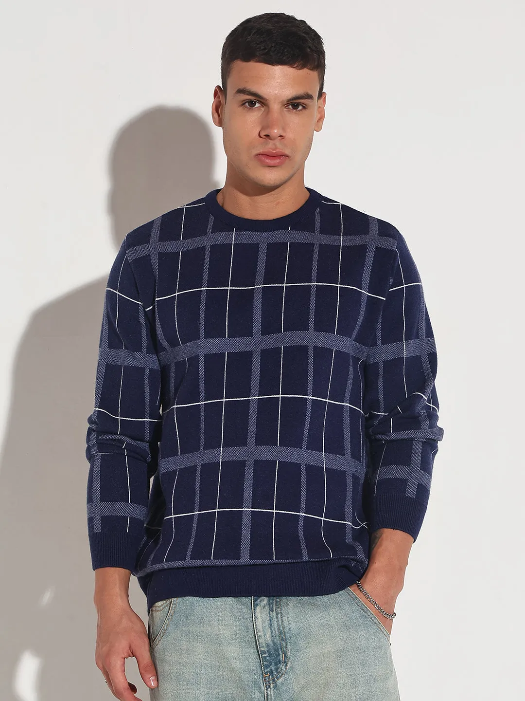 Men's Checked Navy Blue Ribbed Round Neck Sweater Daily Layer
