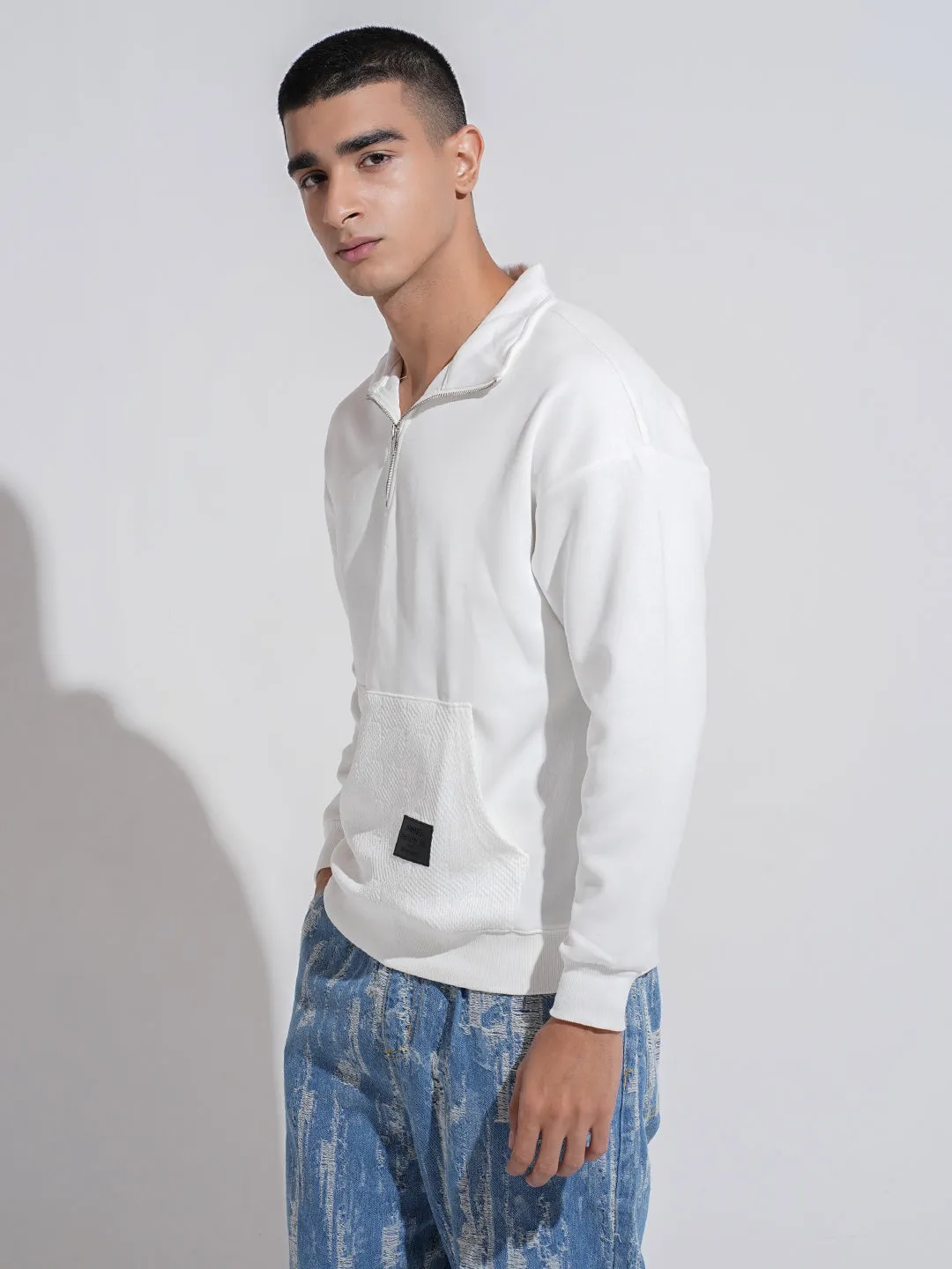 Men's White High Neck Ribbed Slim Fit Sweatshirt with Half Zipper product anniversary charm