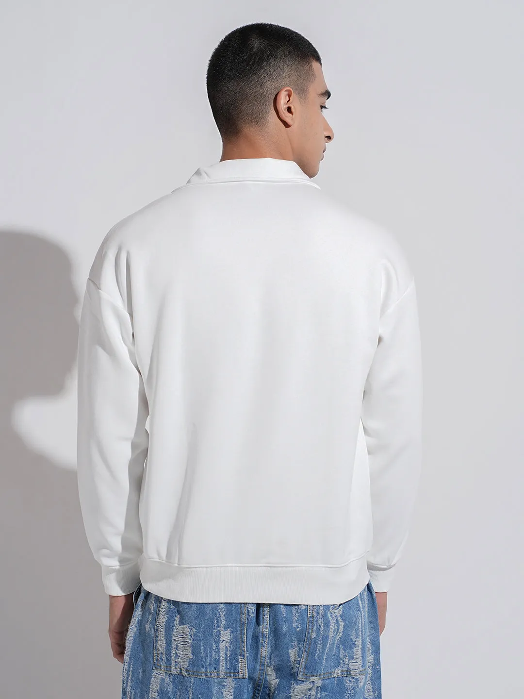 Men's White High Neck Ribbed Slim Fit Sweatshirt with Half Zipper Urban Edge
